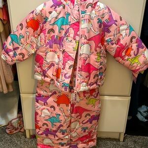 Complete Pink Dinosaur Themed Snow Outfit - Jacket, Overalls, Mittens-2T